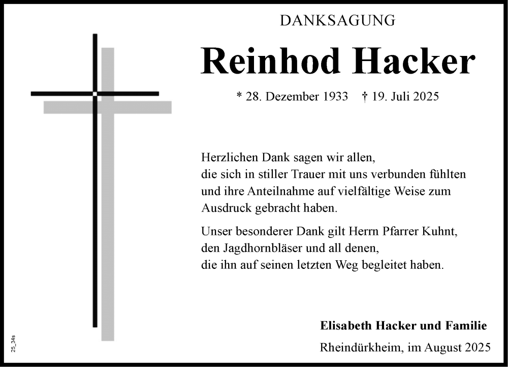  Traueranzeige für Reinhod Hacker vom 23.08.2025 aus Wormser Zeitung