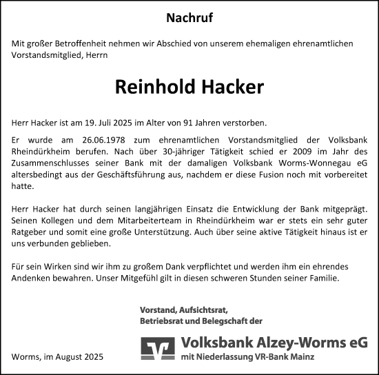 Traueranzeige von Reinhold Hacker von Wormser Zeitung