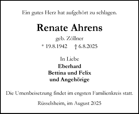 Traueranzeige von Renate Ahrens von Rüsselsheimer Echo