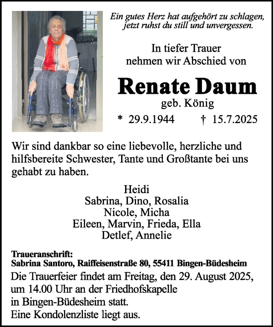 Traueranzeige von Renate Daum von Binger-/Ingelheimer Wochenblatt