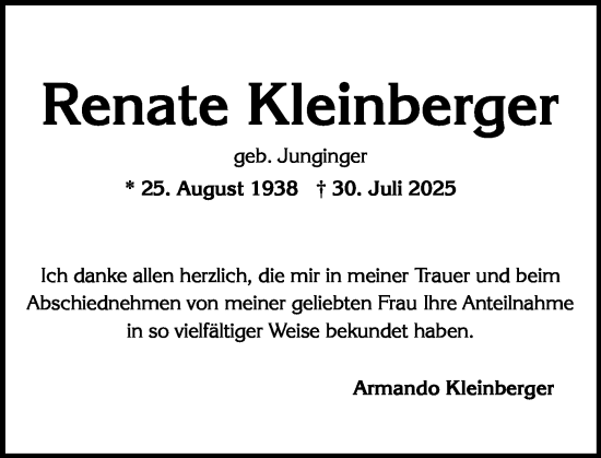 Traueranzeige von Renate Kleinberger von Wiesbadener Kurier
