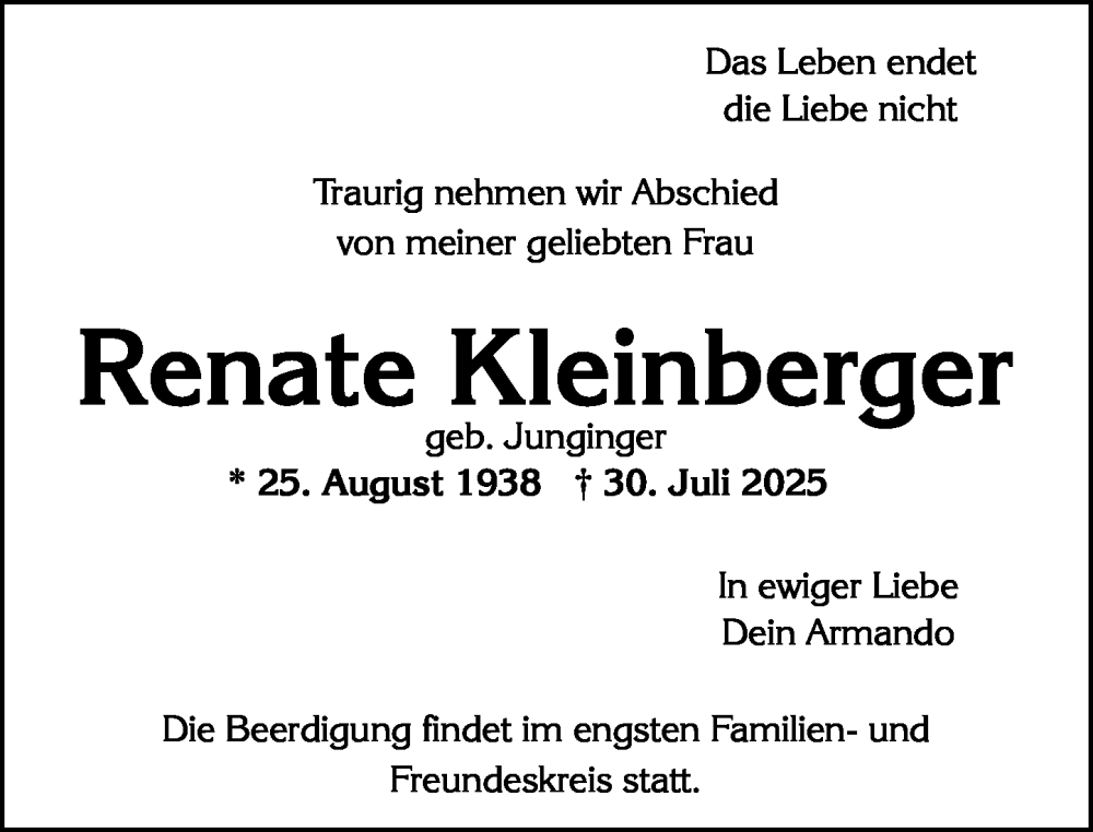  Traueranzeige für Renate Kleinberger vom 02.08.2025 aus Wiesbadener Kurier