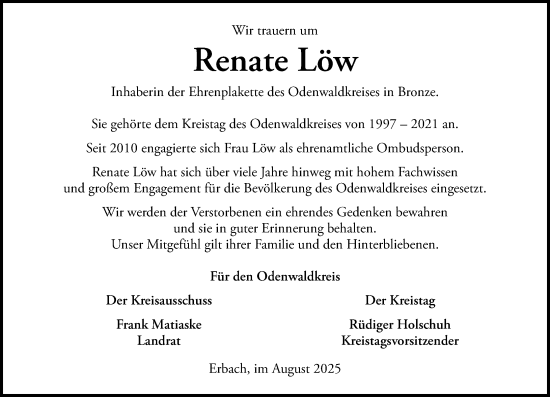 Traueranzeige von Renate Löw von Odenwälder Echo