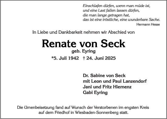 Traueranzeige von Renate von Seck von Wiesbadener Kurier