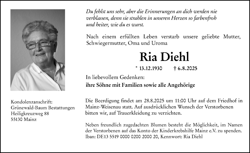  Traueranzeige für Ria Diehl vom 23.08.2025 aus Allgemeine Zeitung Mainz