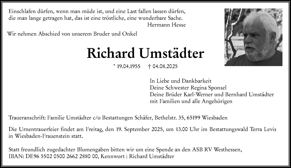  Traueranzeige für Richard Umstädter vom 23.08.2025 aus Wiesbadener Kurier