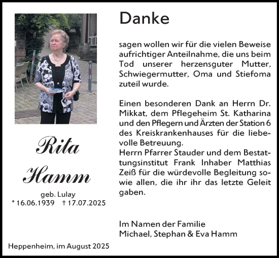 Traueranzeige von Rita Hamm von Starkenburger Echo