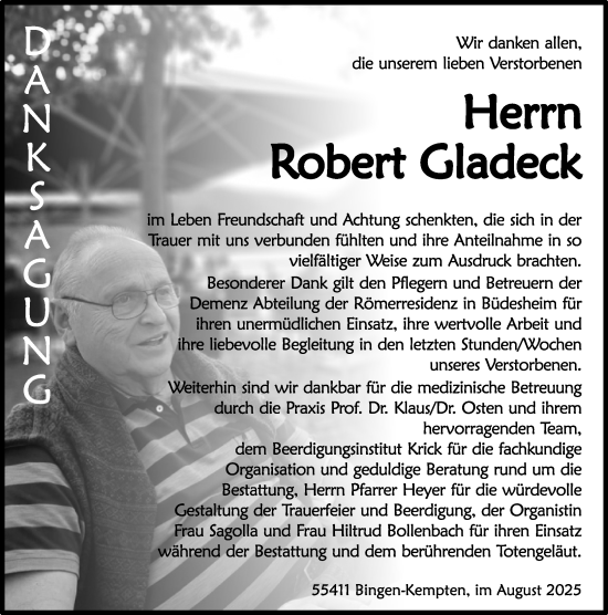 Traueranzeige von Robert Gladeck von Allgemeine Zeitung Rheinhessen-Nahe