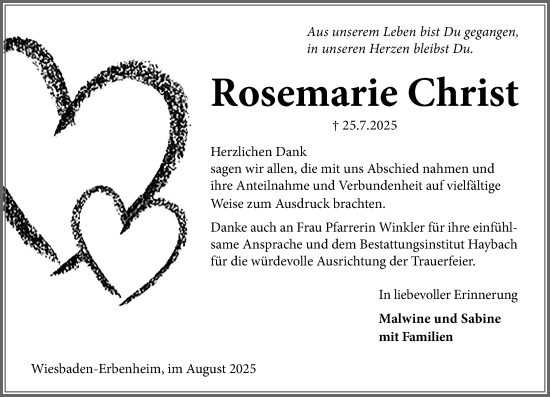 Traueranzeige von Rosemarie Christ von Wiesbadener Kurier