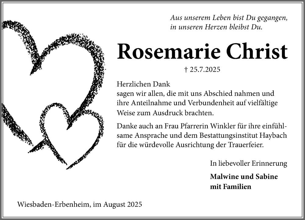  Traueranzeige für Rosemarie Christ vom 23.08.2025 aus Wiesbadener Kurier