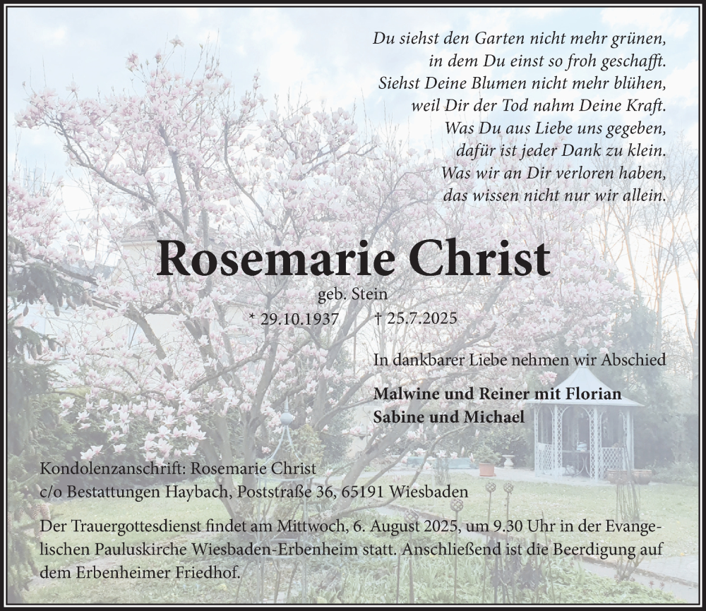  Traueranzeige für Rosemarie Christ vom 02.08.2025 aus Wiesbadener Kurier