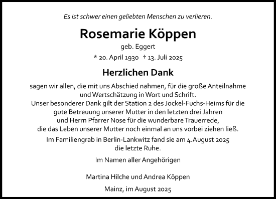 Traueranzeige von Rosemarie Köppen von Allgemeine Zeitung Mainz