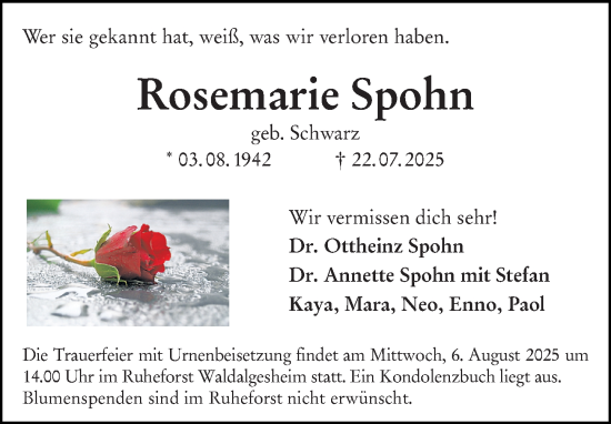 Traueranzeige von Rosemarie Spohn von Allgemeine Zeitung Rheinhessen-Nahe