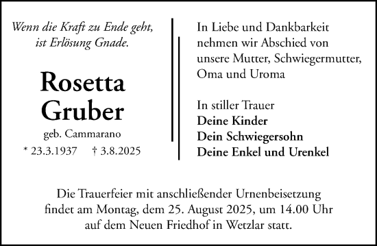 Traueranzeige von Rosetta Gruber von Wetzlarer Neue Zeitung