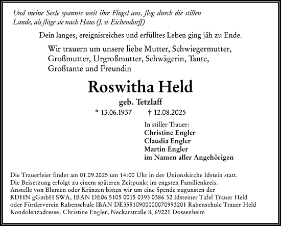 Traueranzeige von Roswitha Held von Wiesbadener Kurier
