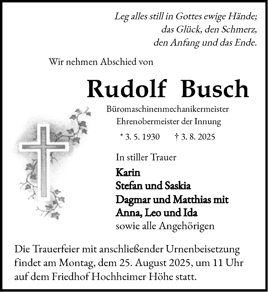  Traueranzeige für Rudolf Busch vom 20.08.2025 aus Wormser Zeitung