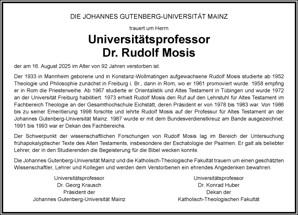  Traueranzeige für Rudolf Mosis vom 23.08.2025 aus Allgemeine Zeitung Mainz
