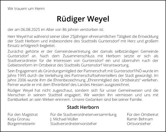 Traueranzeige von Rüdiger Weyel von Dill Block