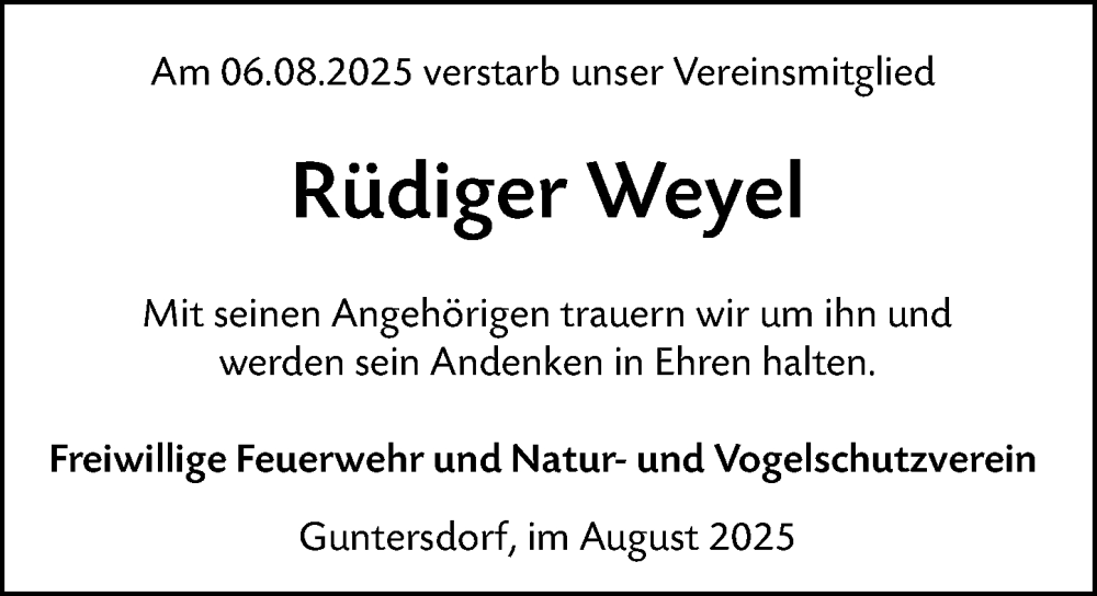  Traueranzeige für Rüdiger Weyel vom 20.08.2025 aus Dill Block