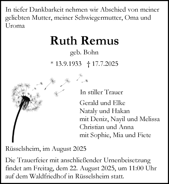 Traueranzeige von Ruth Remus von Rüsselsheimer Echo