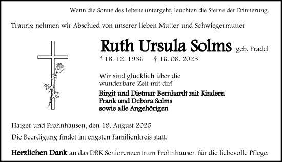 Traueranzeige von Ruth Ursula Solms von Dill Block
