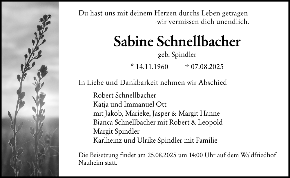  Traueranzeige für Sabine Schnellbacher vom 16.08.2025 aus Rüsselsheimer Echo