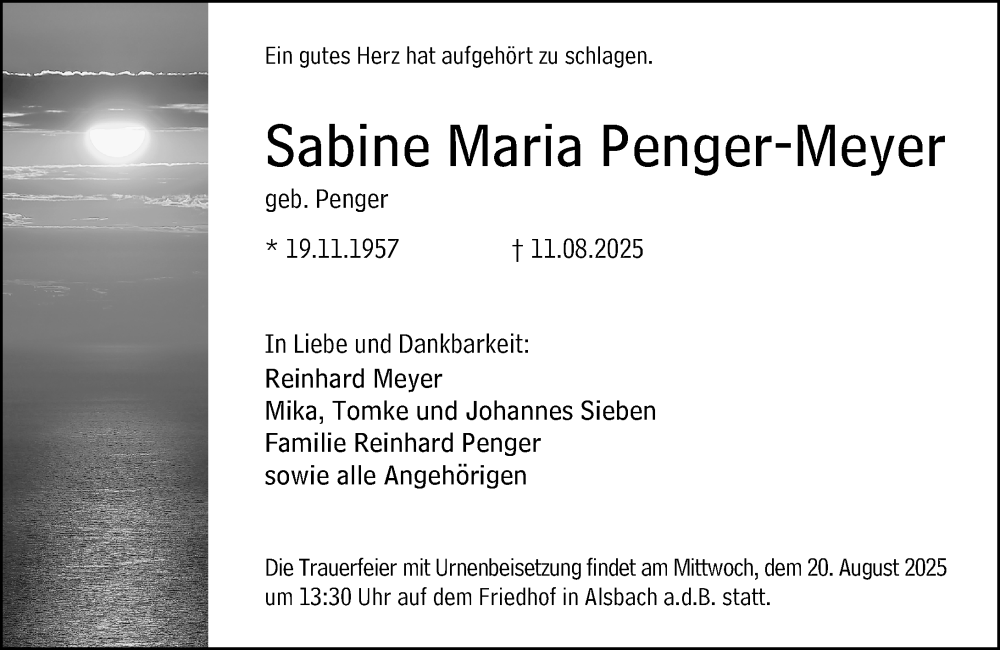  Traueranzeige für Sabine Maria Penger-Meyer vom 16.08.2025 aus Darmstädter Echo
