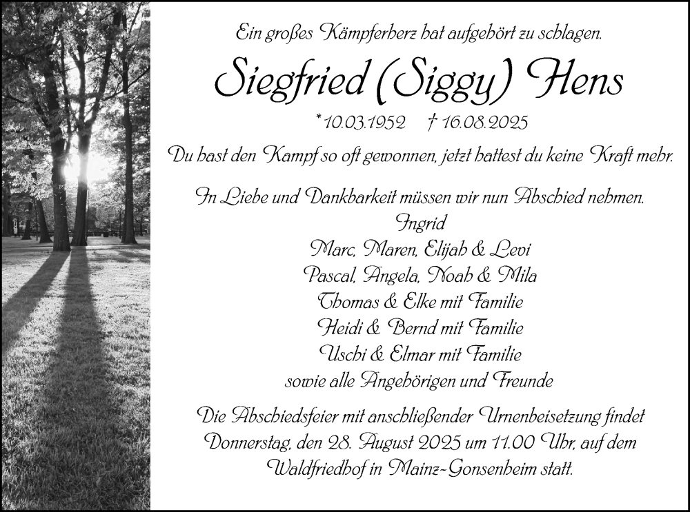  Traueranzeige für Siegfried Hens vom 23.08.2025 aus Allgemeine Zeitung Mainz