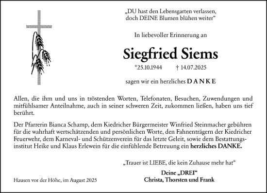 Traueranzeige von Siegfried Siems von Wiesbadener Kurier