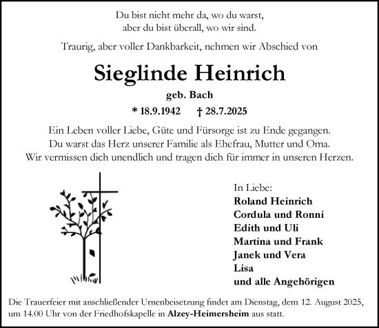 Traueranzeige von Sieglinde Heinrich von Allgemeine Zeitung Alzey