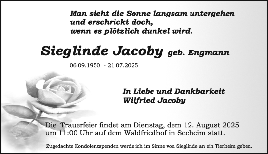 Traueranzeige von Sieglinde Jacoby von Darmstädter Echo