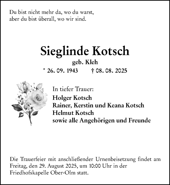 Traueranzeige von Sieglinde Kotsch von Allgemeine Zeitung Mainz