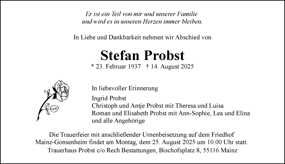  Traueranzeige für Stefan Probst vom 16.08.2025 aus Allgemeine Zeitung Mainz