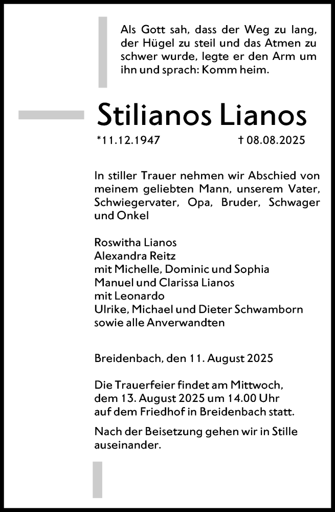  Traueranzeige für Stilianos Lianos vom 11.08.2025 aus Hinterländer Anzeiger