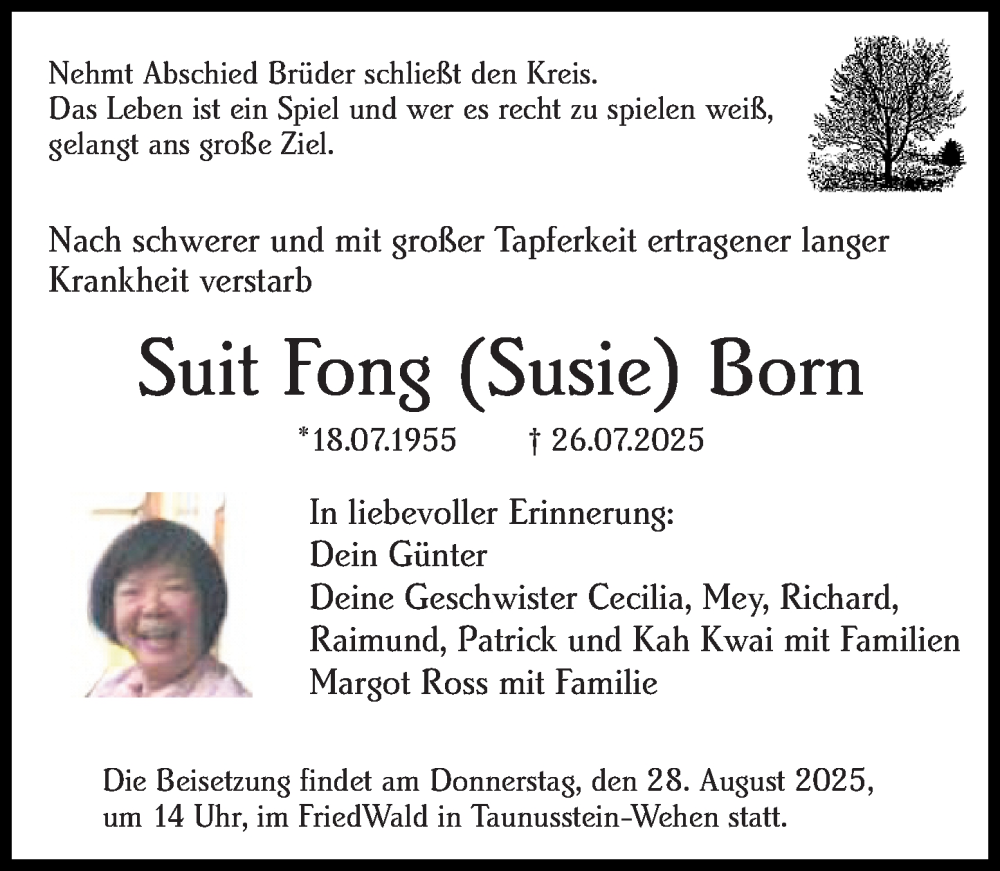  Traueranzeige für Suit Fong Born vom 09.08.2025 aus Wiesbadener Kurier