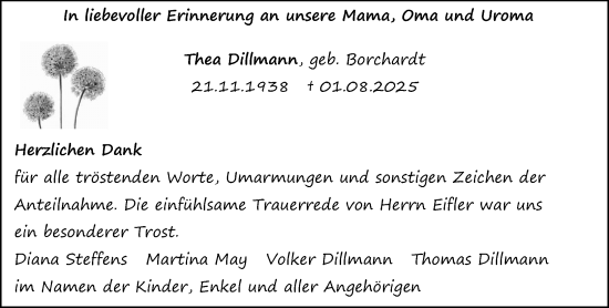 Traueranzeige von Thea Dillmann von Allgemeine Zeitung Mainz