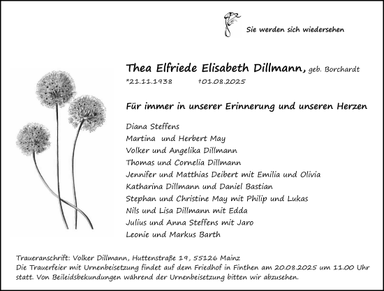 Traueranzeige von Thea Elfriede Elisabeth Dillmann von Allgemeine Zeitung Mainz