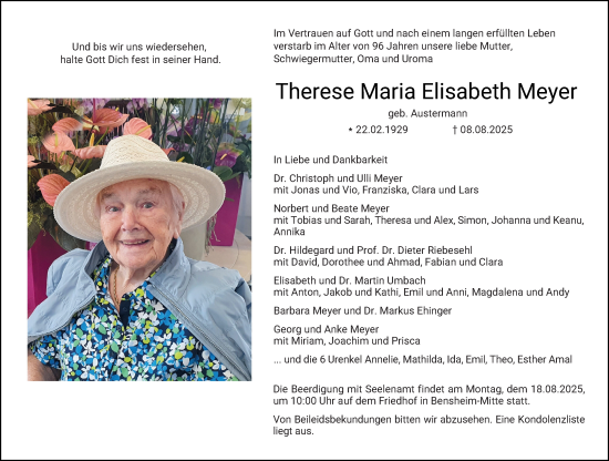 Traueranzeige von Therese Maria Elisabeth Meyer von Starkenburger Echo