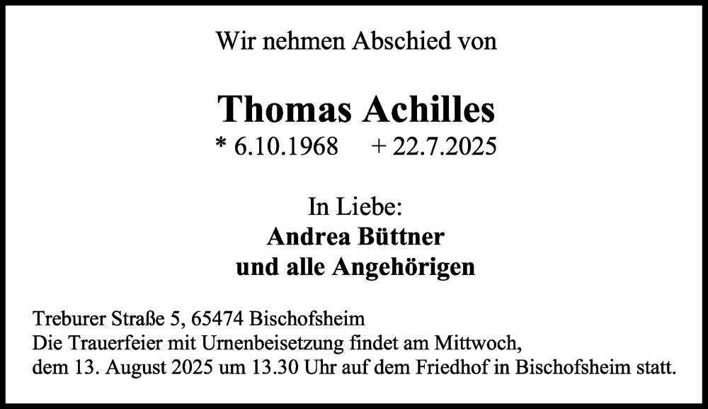  Traueranzeige für Thomas Achilles vom 11.08.2025 aus Rüsselsheimer Echo