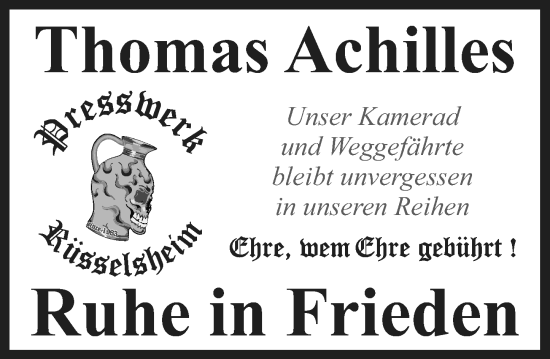 Traueranzeige von Thomas Achilles von Rüsselsheimer Echo