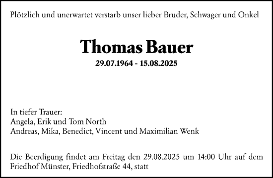 Traueranzeige von Thomas Bauer von Darmstädter Echo
