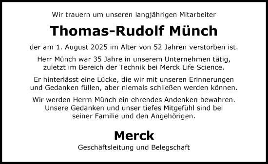 Traueranzeige von Thomas-Rudolf Münch von Darmstädter Echo
