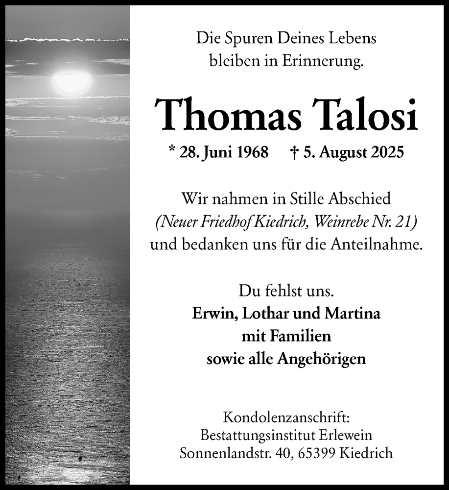  Traueranzeige für Thomas Talosi vom 23.08.2025 aus Rheingau Kurier