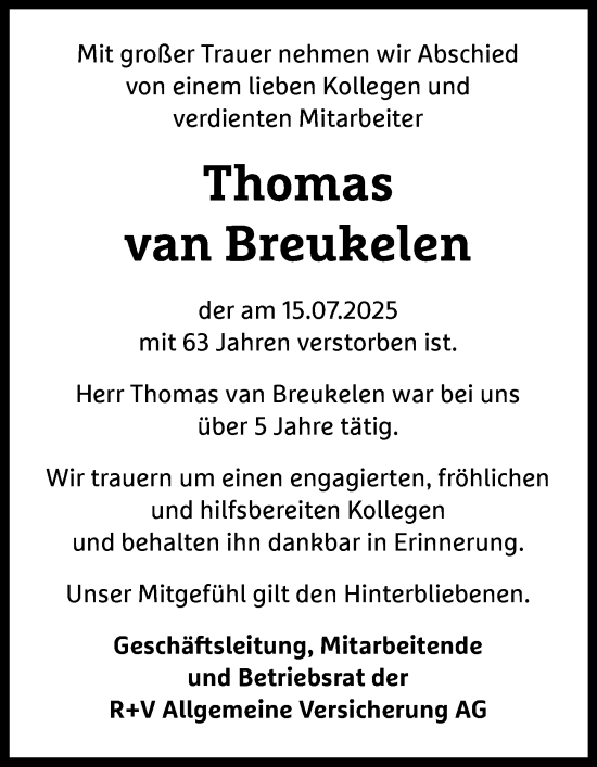 Traueranzeige von Thomas van Breukelen von Wiesbadener Kurier