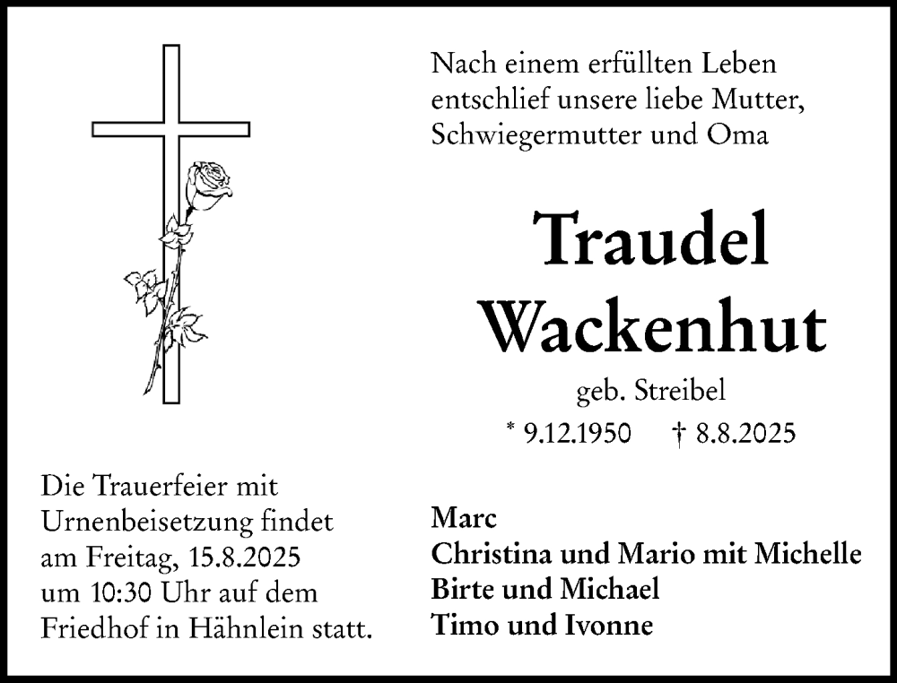  Traueranzeige für Traudel Wackenhut vom 13.08.2025 aus Darmstädter Echo