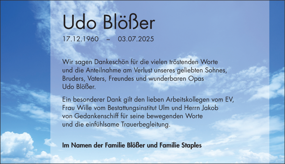  Traueranzeige für Udo Blößer vom 09.08.2025 aus Wetzlarer Neue Zeitung