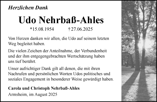 Traueranzeige von Udo Nehrbaß-Ahles von Allgemeine Zeitung Alzey