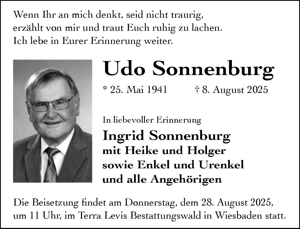  Traueranzeige für Udo Sonnenburg vom 23.08.2025 aus Wiesbadener Kurier