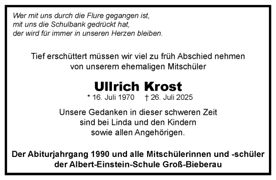 Traueranzeige von Ullrich Krost von Darmstädter Echo
