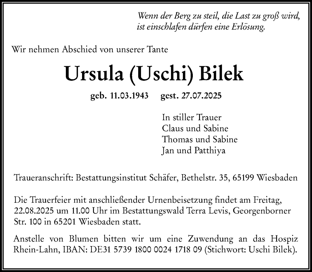  Traueranzeige für Ursula Bilek vom 02.08.2025 aus Wiesbadener Kurier